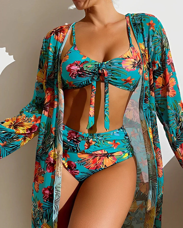 Bikini Three Piece Floral Sheer Cover Up Swimwear