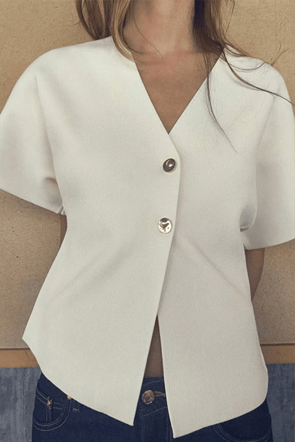Knitted Cardigan V Neck Short Sleeve Button Top Elegant Casual Style