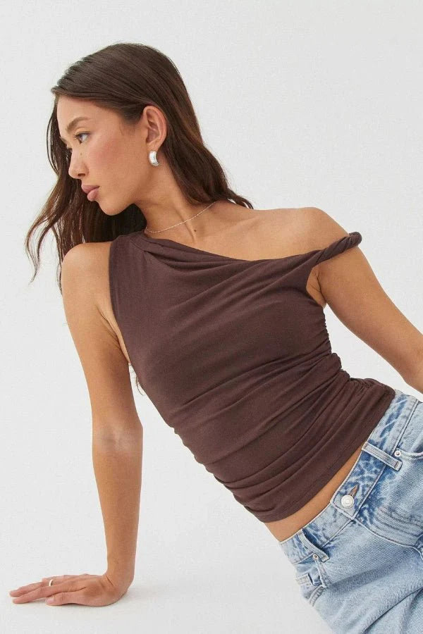Top One Shoulder Ruched Asymmetric Fitted Minimal Style