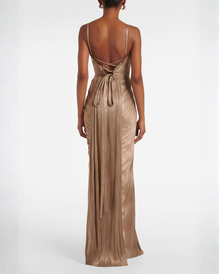 Womens Maxi Dress with Pleated Bustier Thin Straps and Lace Up Back