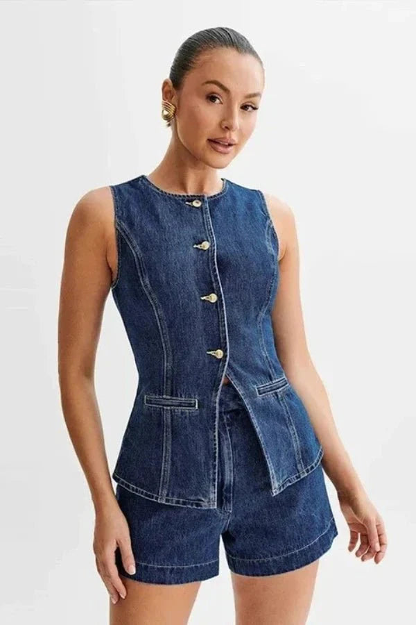 Two Piece Denim Vest and Shorts Set – Casual Chic Summer Style