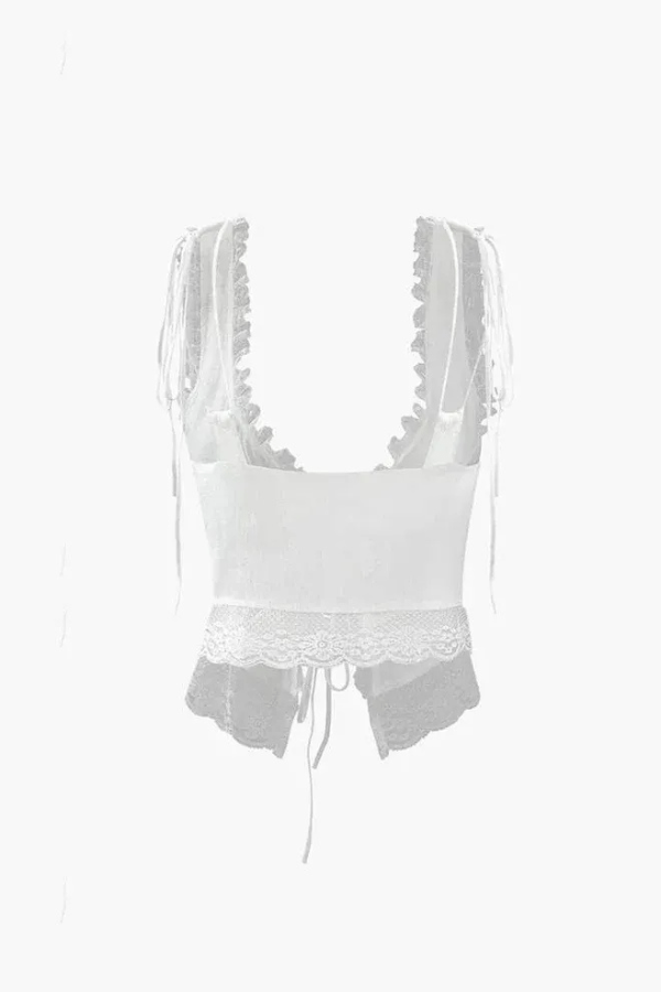 Plunge Lace Top Tie Front Cut Out Mesh Elegant Boho Statement Style
