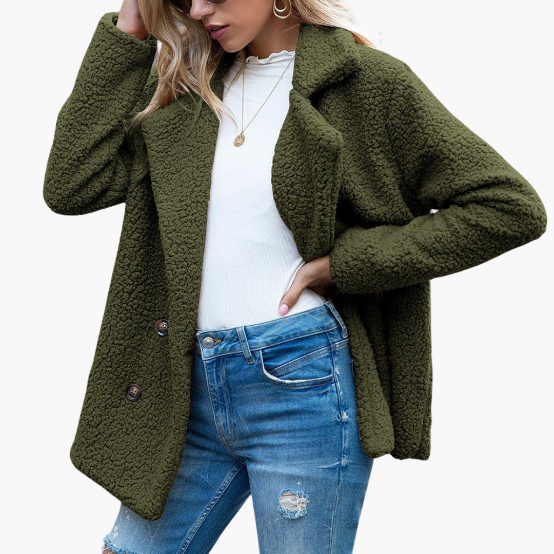 Womens Teddy Jacket with Notch Lapel Double Breasted Front and Relaxed Fit