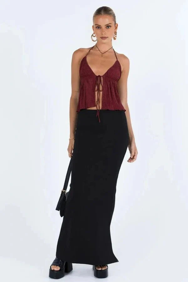 Halter Top Tie Front Y2K Textured Fringed Burgundy Summer Style