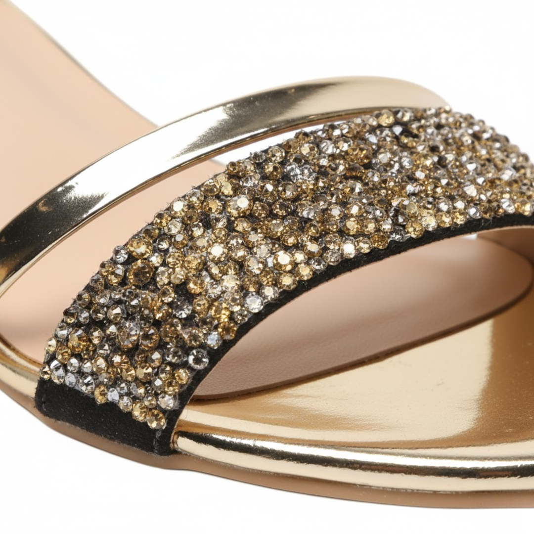 Low Heel Sandals Ankle Strap Shimmer Detail Elegant Style