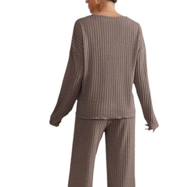 Two Piece Set Ribbed Knit V Neck Top Wide Leg Trousers Lounge Style