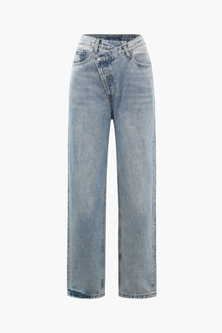 Jeans Asymmetrical Waist High Rise Relaxed Fit Modern Style