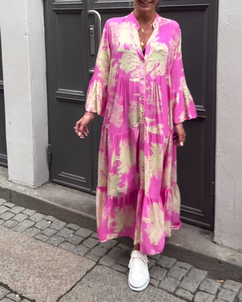 Maxi Dress Print Flounce Sleeves Stand Collar Stylish Airy