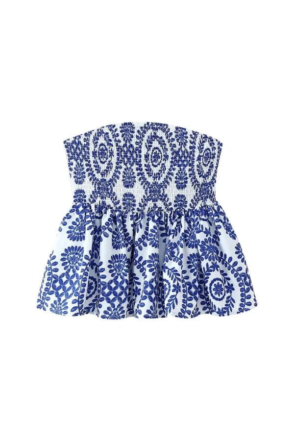 Strapless Ruffle Tube Top Floral Print Blue Peplum Elegant Summer Style