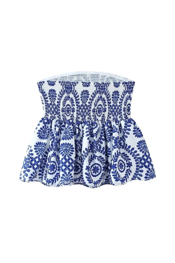 Strapless Ruffle Tube Top Floral Print Blue Peplum Elegant Summer Style