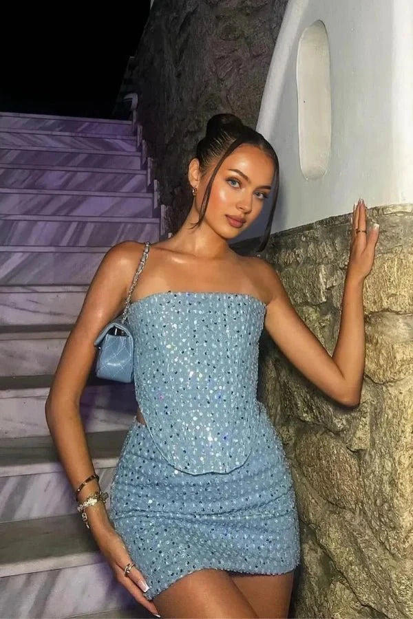 Two Piece Sequin Bandeau Top and Mini Skirt Set – Party Glam Style