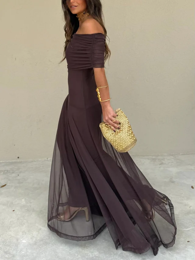 Long Dress for Women with Off-Shoulder Design, Empire Waist and Flowing Skirt