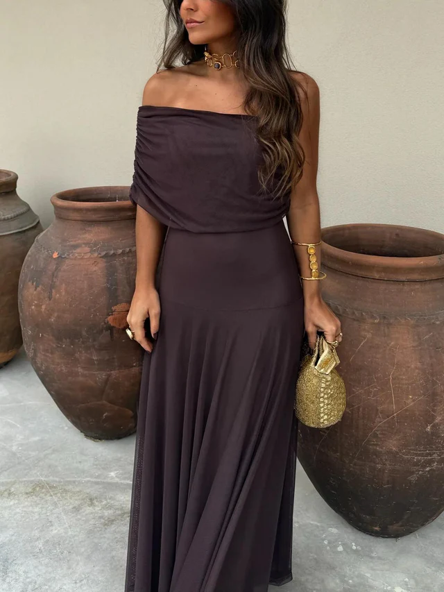 Long Dress for Women with Off-Shoulder Design, Empire Waist and Flowing Skirt