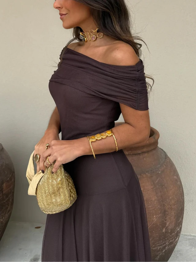 Long Dress for Women with Off-Shoulder Design, Empire Waist and Flowing Skirt