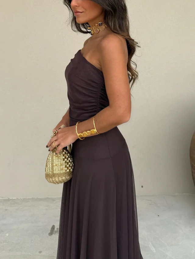 Long Dress for Women with Off-Shoulder Design, Empire Waist and Flowing Skirt