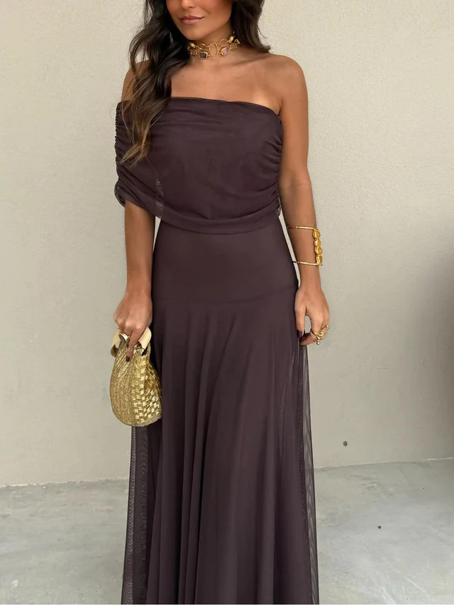 Long Dress for Women with Off-Shoulder Design, Empire Waist and Flowing Skirt