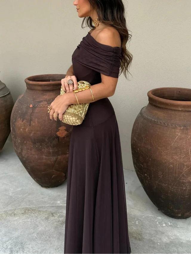 Long Dress for Women with Off-Shoulder Design, Empire Waist and Flowing Skirt