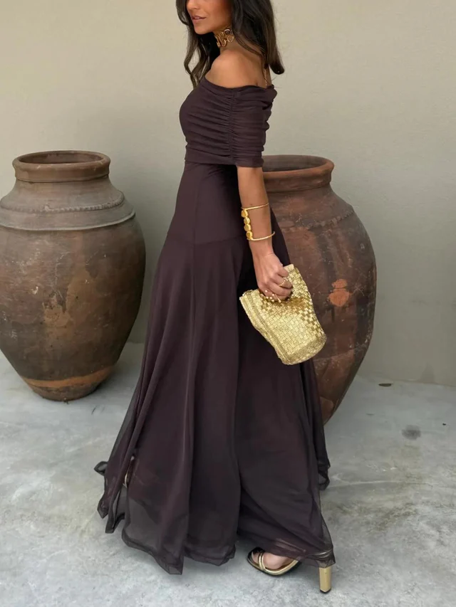 Long Dress for Women with Off-Shoulder Design, Empire Waist and Flowing Skirt