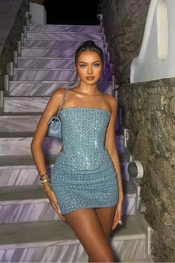 Two Piece Sequin Bandeau Top and Mini Skirt Set – Party Glam Style
