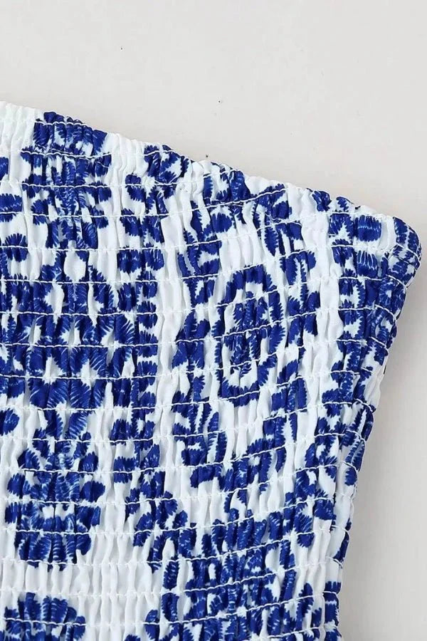 Strapless Ruffle Tube Top Floral Print Blue Peplum Elegant Summer Style