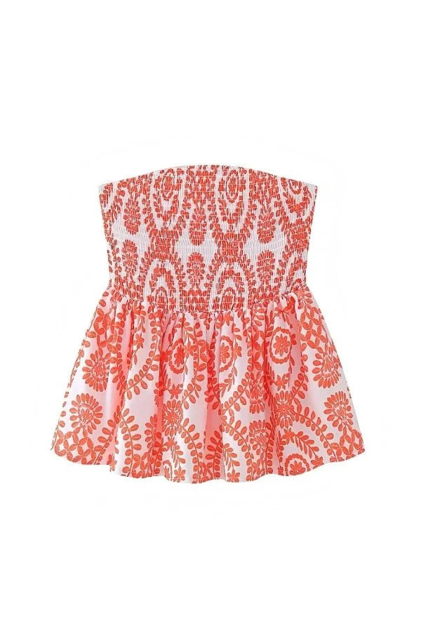 Strapless Ruffle Tube Top Floral Print Blue Peplum Elegant Summer Style