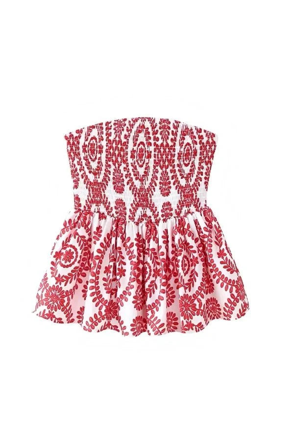 Strapless Ruffle Tube Top Floral Print Blue Peplum Elegant Summer Style
