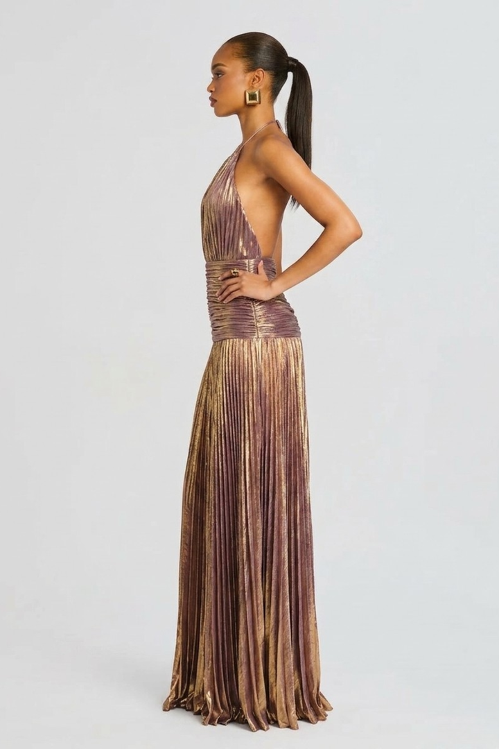 Long Halter Neck Dress for Women with Pleated Skirt and Open Back