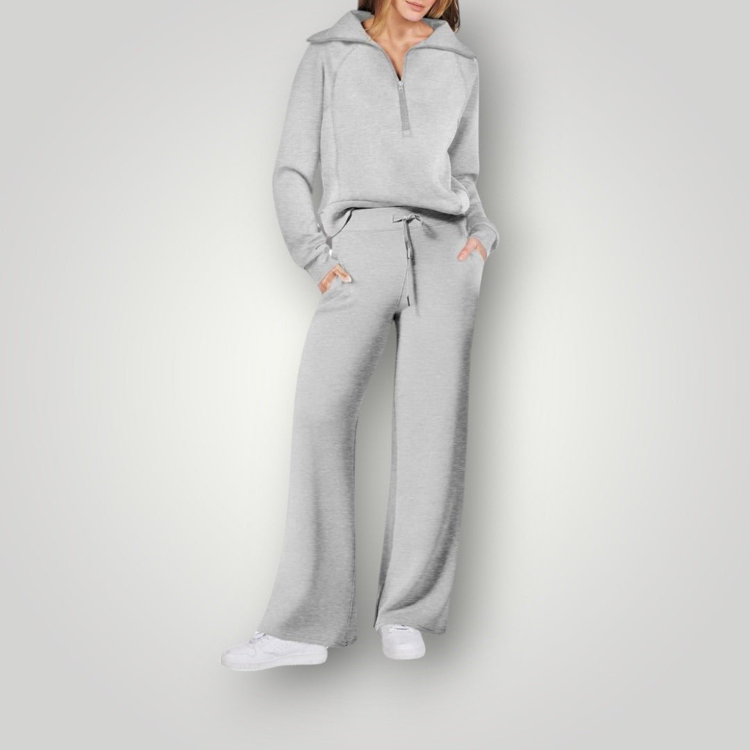 Two Piece Set Zip Neck Sweatshirt Wide Leg Trousers Luxe Lounge Style
