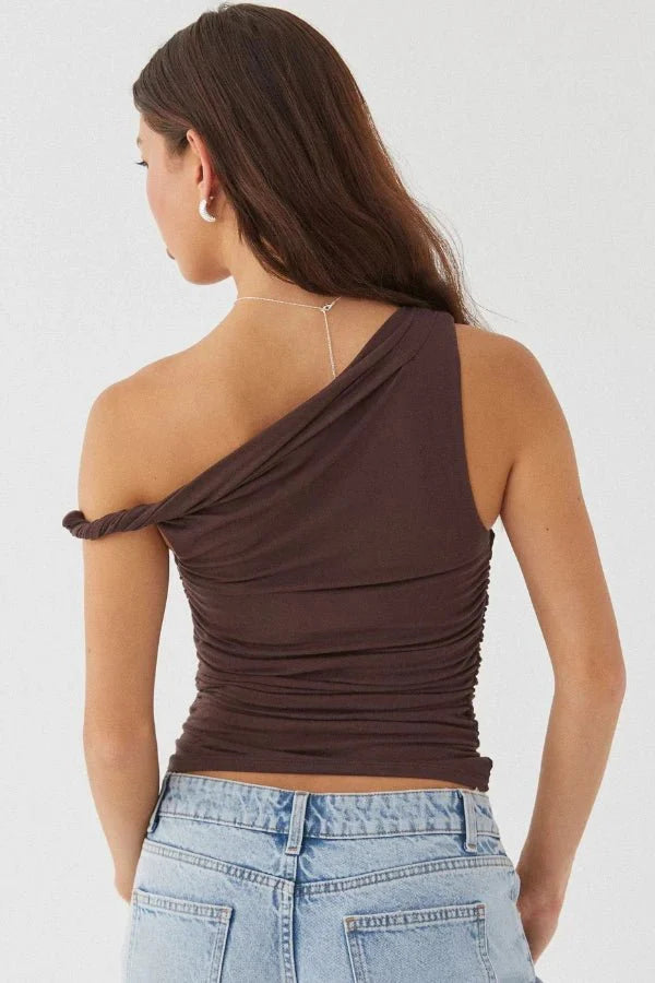 Top One Shoulder Ruched Asymmetric Fitted Minimal Style