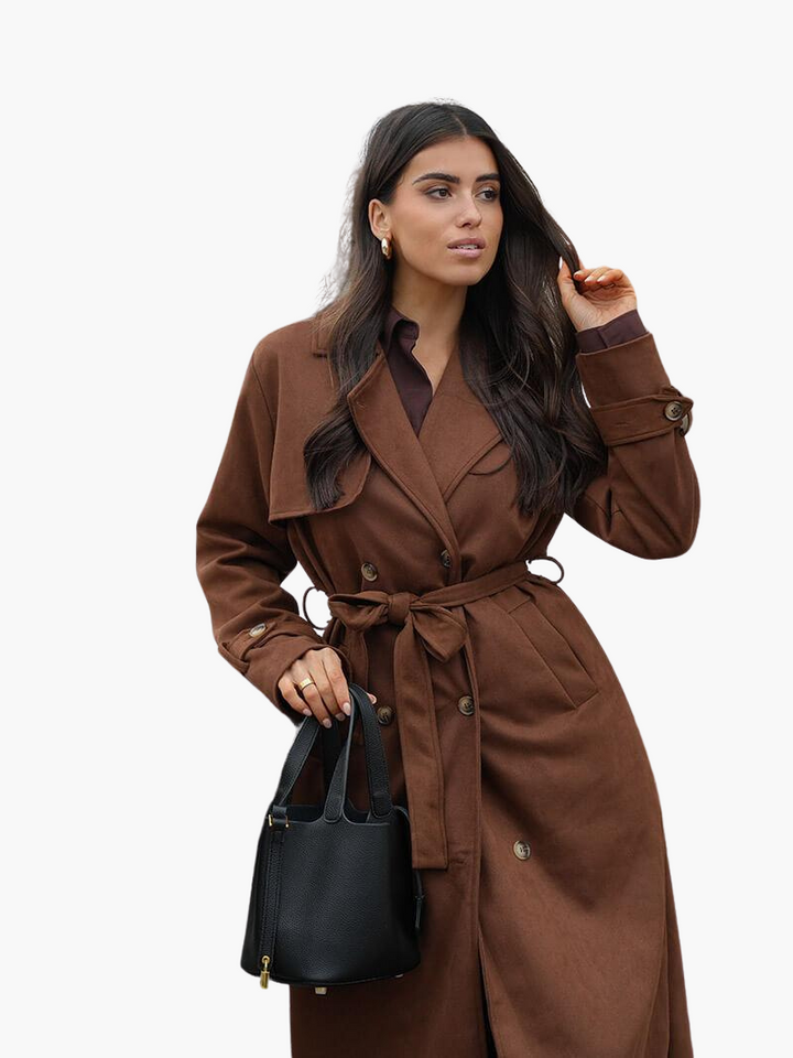 Womens Suede Trench Coat with Belted Waist and Notch Lapels