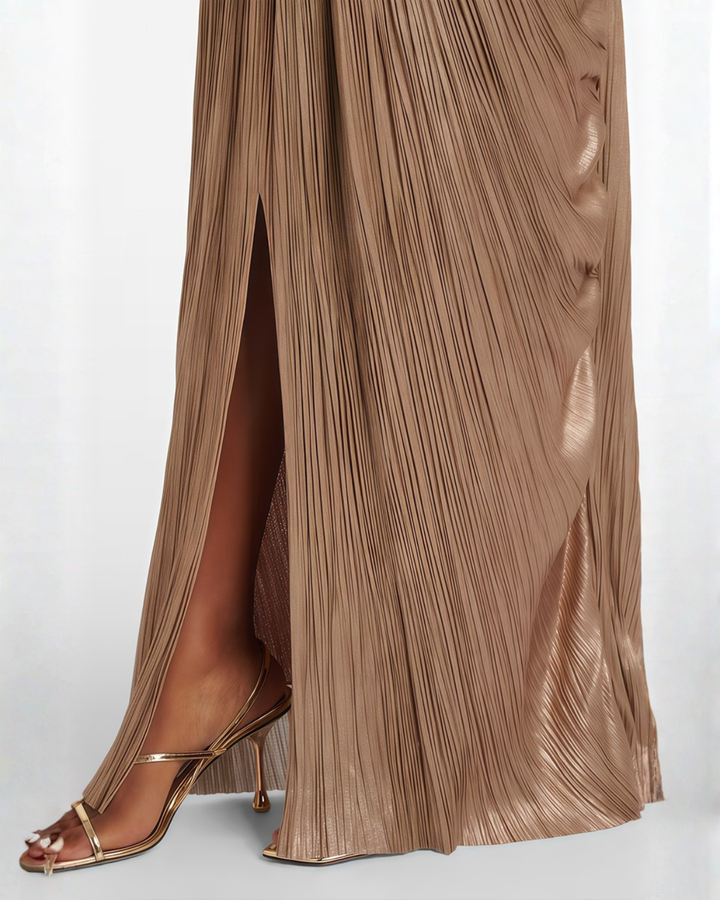 Womens Maxi Dress with Pleated Bustier Thin Straps and Lace Up Back