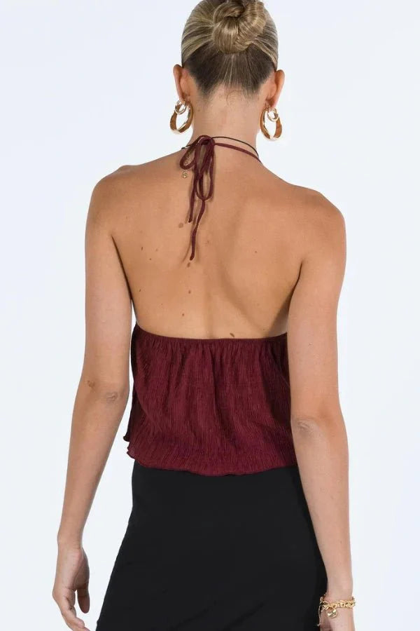 Halter Top Tie Front Y2K Textured Fringed Burgundy Summer Style