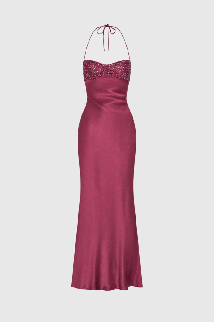 Long Dress Halter Neck Embellished Lace Back Straight Cut for Women