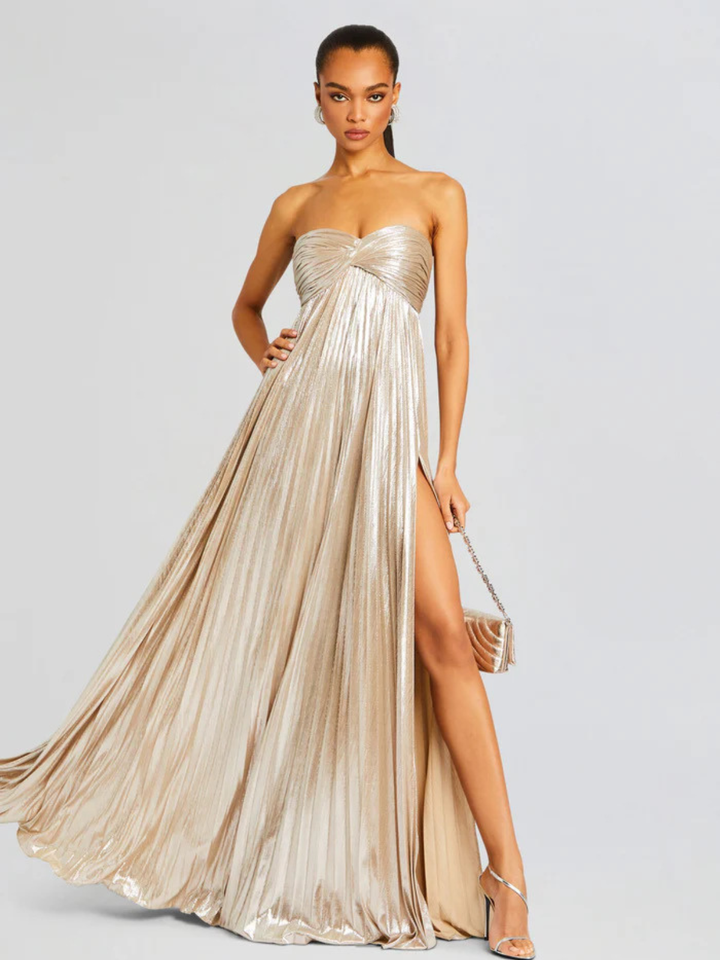 Long Strapless Dress for Women with Twisted Bodice and High Slit