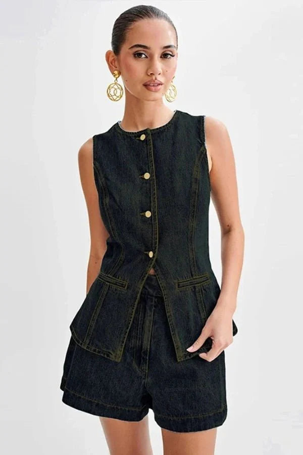 Two Piece Denim Vest and Shorts Set – Casual Chic Summer Style