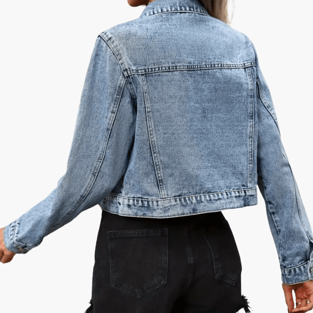 Womens Denim Jacket with Collared Neck Button Front and Chest Pockets