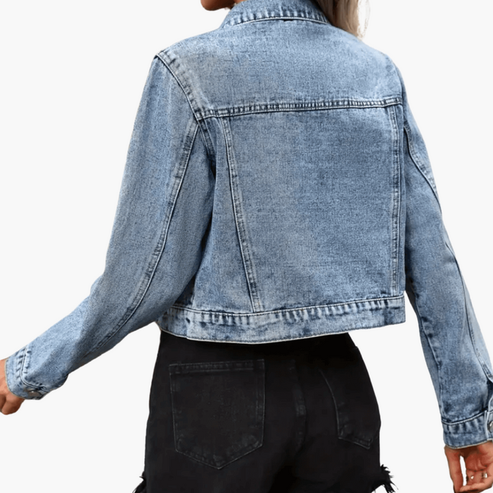 Womens Denim Jacket with Collared Neck Button Front and Chest Pockets