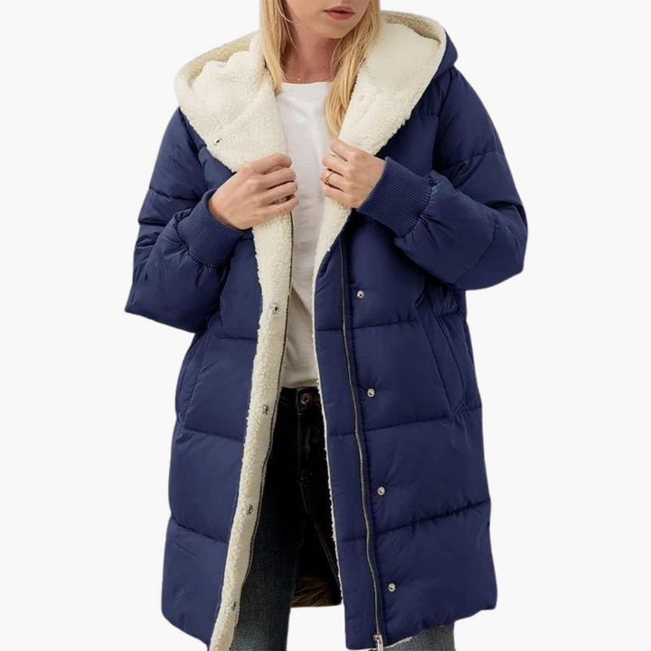 Womens Hooded Puffer Coat with Faux Fur Trim and Longline Fit