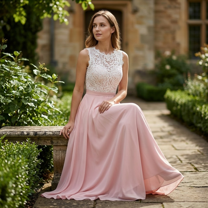 Maxi Evening Dress Lace Chiffon Crocheted Bodice Elegant Style