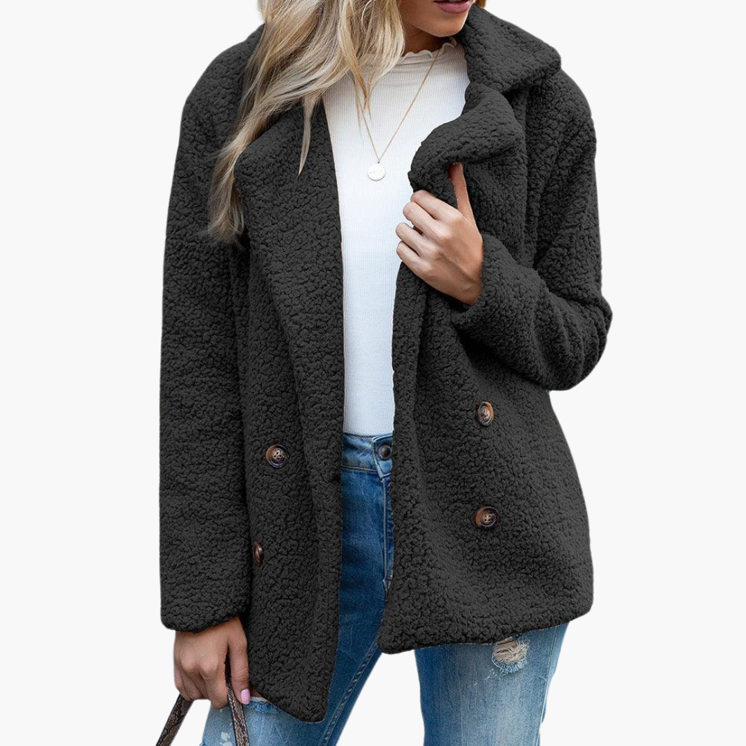 Womens Teddy Jacket with Notch Lapel Double Breasted Front and Relaxed Fit