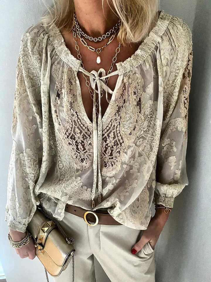 Blouse Lace Detail Tie Neck Relaxed Fit Boho Style