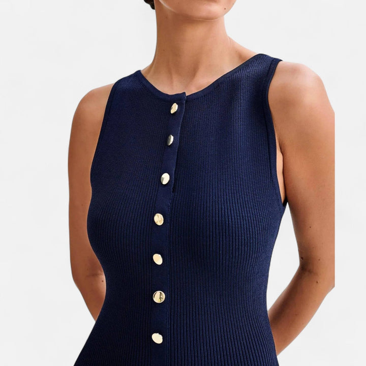Knit Maxi Dress Button Detail Sleeveless Elegant Summer Style