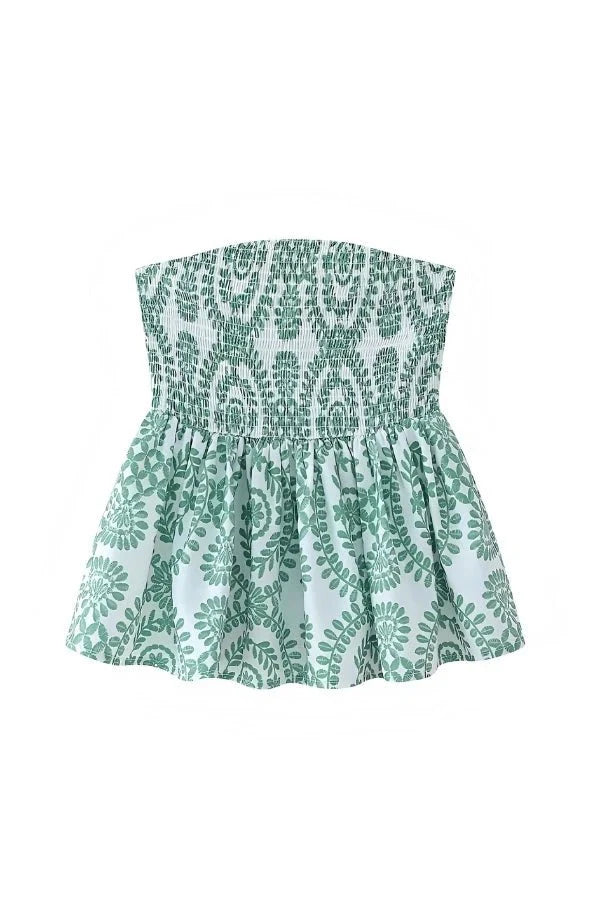 Strapless Ruffle Tube Top Floral Print Blue Peplum Elegant Summer Style