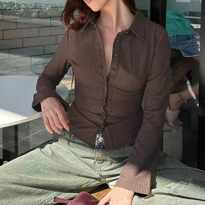 Blouse Pinstripe Button Up Flared Sleeve Retro Style