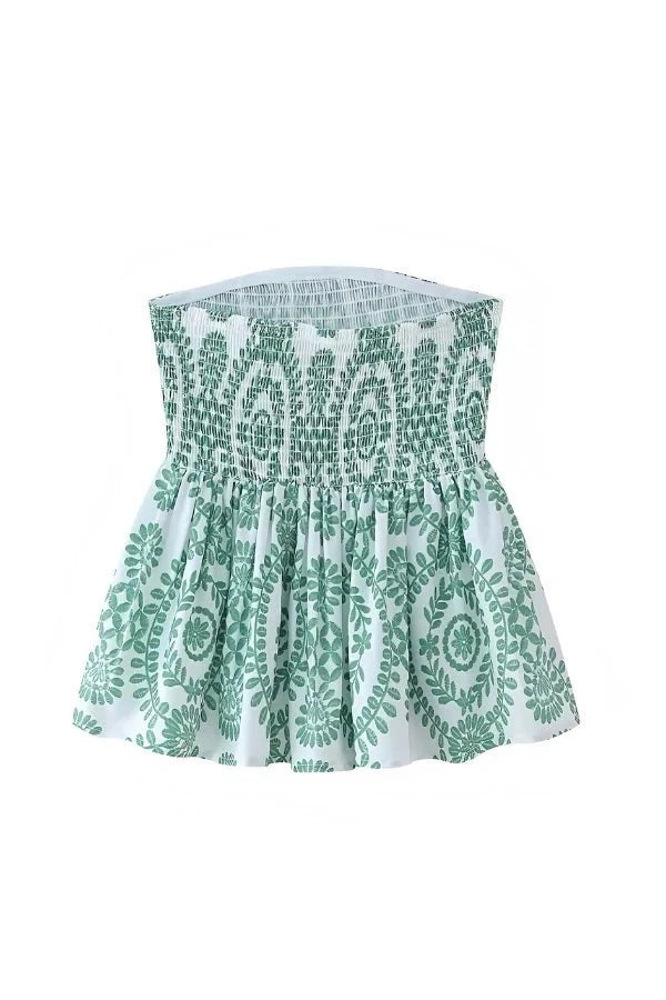 Strapless Ruffle Tube Top Floral Print Blue Peplum Elegant Summer Style