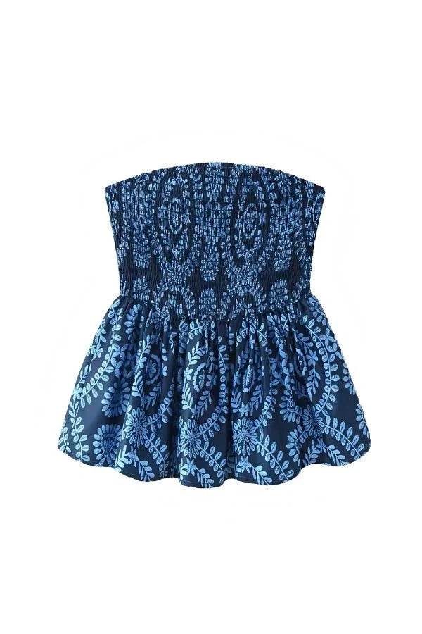 Strapless Ruffle Tube Top Floral Print Blue Peplum Elegant Summer Style