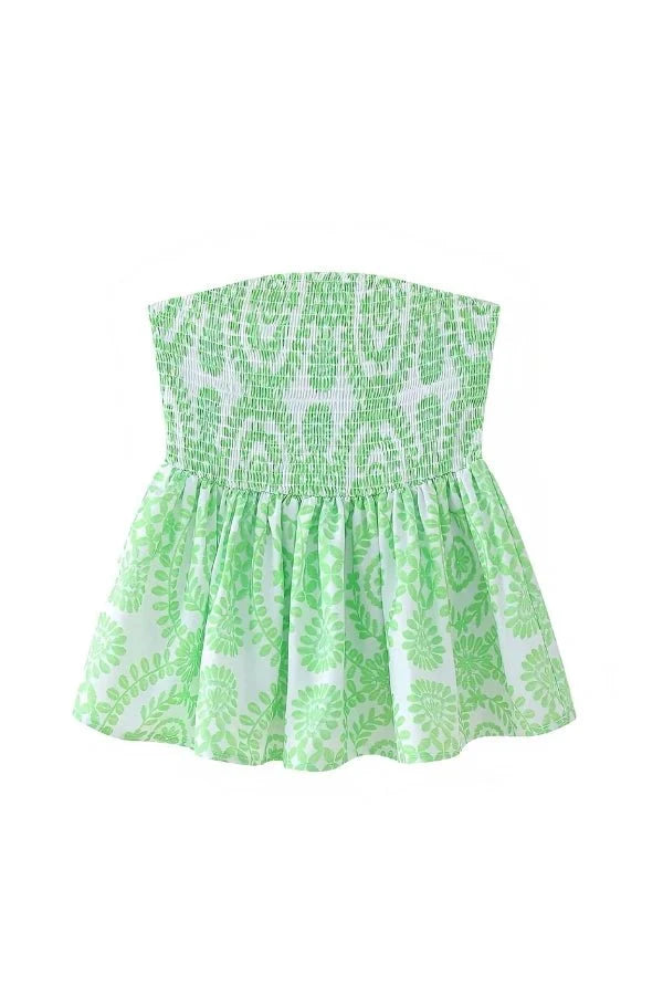 Strapless Ruffle Tube Top Floral Print Blue Peplum Elegant Summer Style