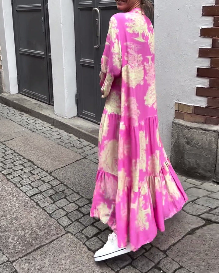 Maxi Dress Print Flounce Sleeves Stand Collar Stylish Airy