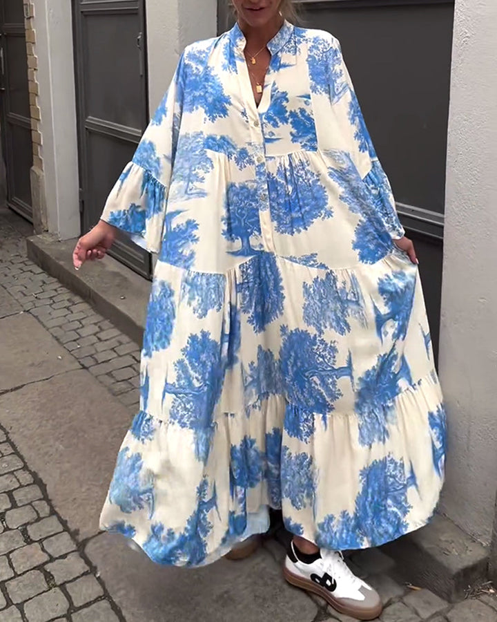 Maxi Dress Print Flounce Sleeves Stand Collar Stylish Airy