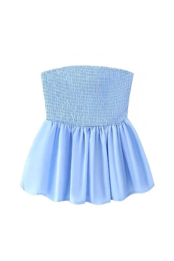 Strapless Ruffle Tube Top Floral Print Blue Peplum Elegant Summer Style